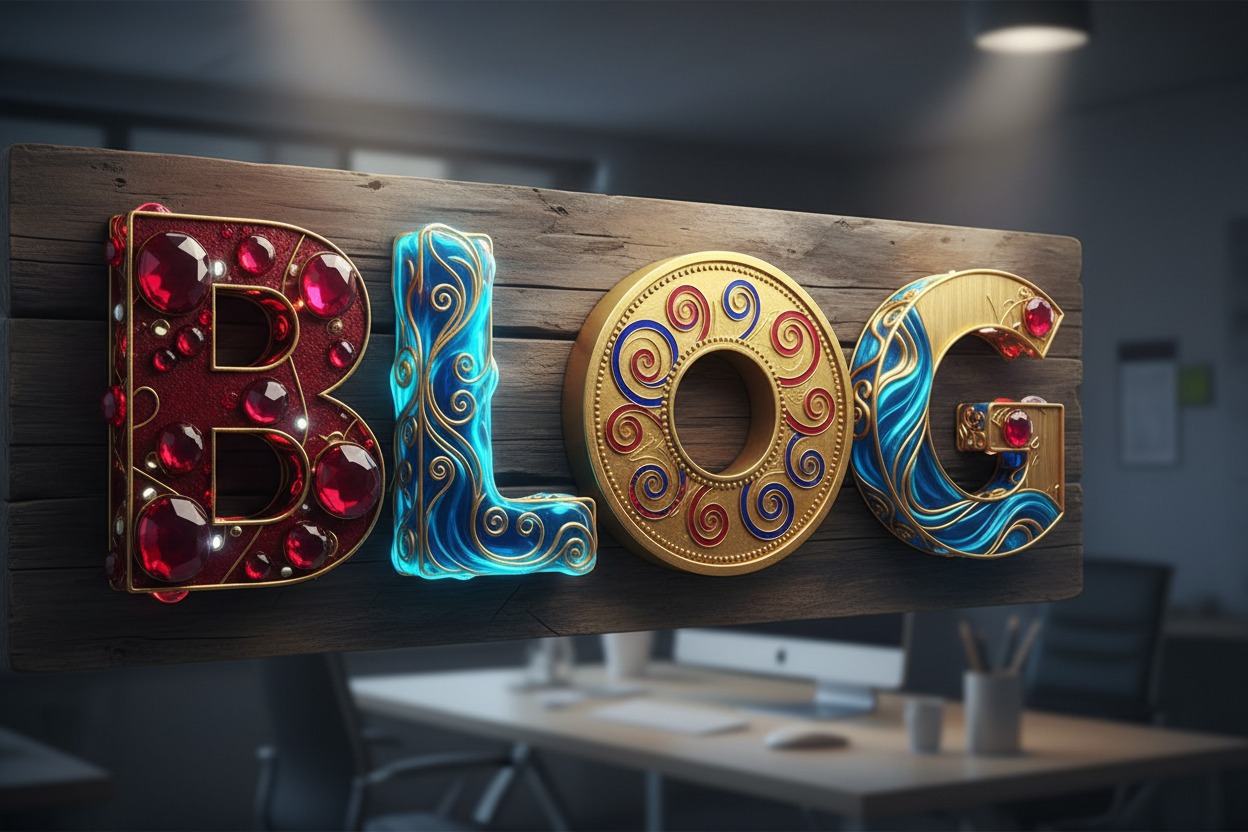 Le mot « BLOG » écrit en lettres décoratives ornées de bijoux et de motifs dorés sur une planche en bois dans un bureau.